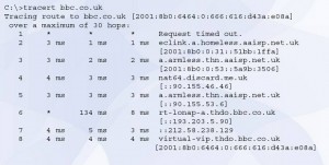 tracert showing IPv6 to IPv4 NAT with bbc.co.uk end destination - click to enlarge