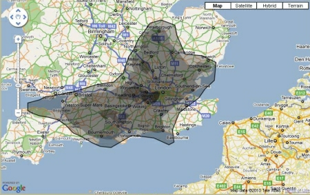map of BP oilspill superimposed on South of England