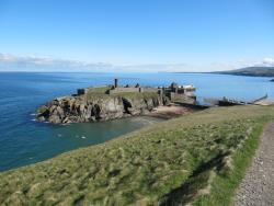 Peel Castle from above on Peel Hill showing Fenella Beach