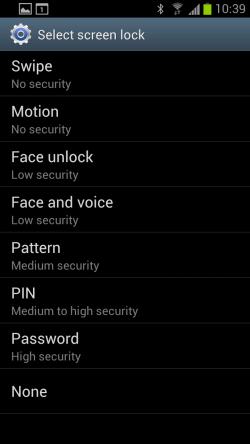 GalaxyS3 screen lock security options