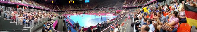 panoramic view of inside the basketball arena set up for handball - note size of the press box