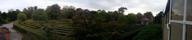 panoramic view of Hampton Court Maze taken from the back of the Kings Arms Hotel