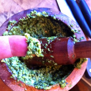 10. Taste your pesto, adjusting salt, pepper, and oil until it is just right.