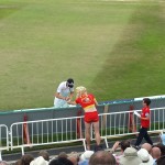 fielder gives Pamela Anderson his autograph at Trent Bridge