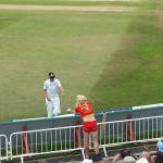 fielder gives Pamela Anderson his autograph at Trent Bridge