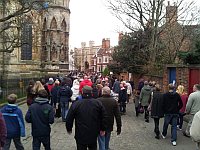 crowds walking past the cathedral entering the Lincoln Christmas Market 2011