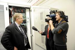 Trefor Davies is interviewed for the TV at Timico datacentre opening