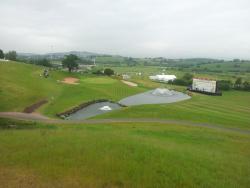 the view of the 18th green on the 2010 golf course at the Celtic Manor taken from the hospitality area