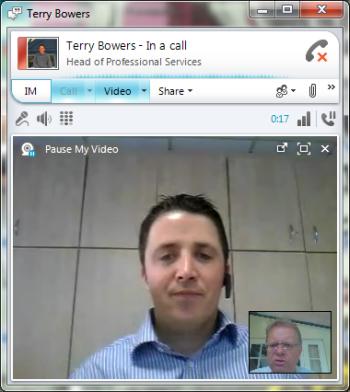 Lync video call screenshot with Terry Bowers and Trefor Davies