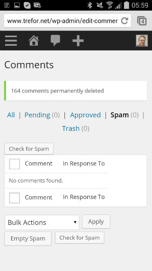 screenshot showing zero spam comments