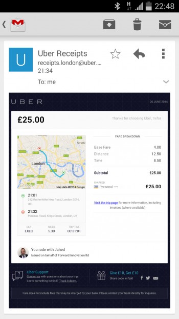 uber cab fare receipt